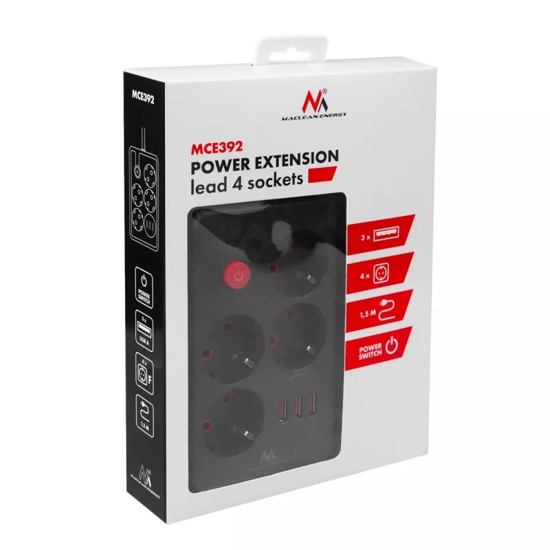 Regleta de enchufes MACLEAN MCE392 B — 4 enchufes, 3×USB, 110–240V, 2,1A, 2500W, cable de 1,5 m, negra
