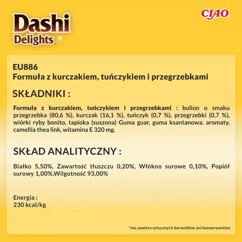 Snack húmedo para gatos INABA Dashi Delights – pollo con atún y vieira, sobre de 40 g, 93 % de humedad, 5,5 % de proteína