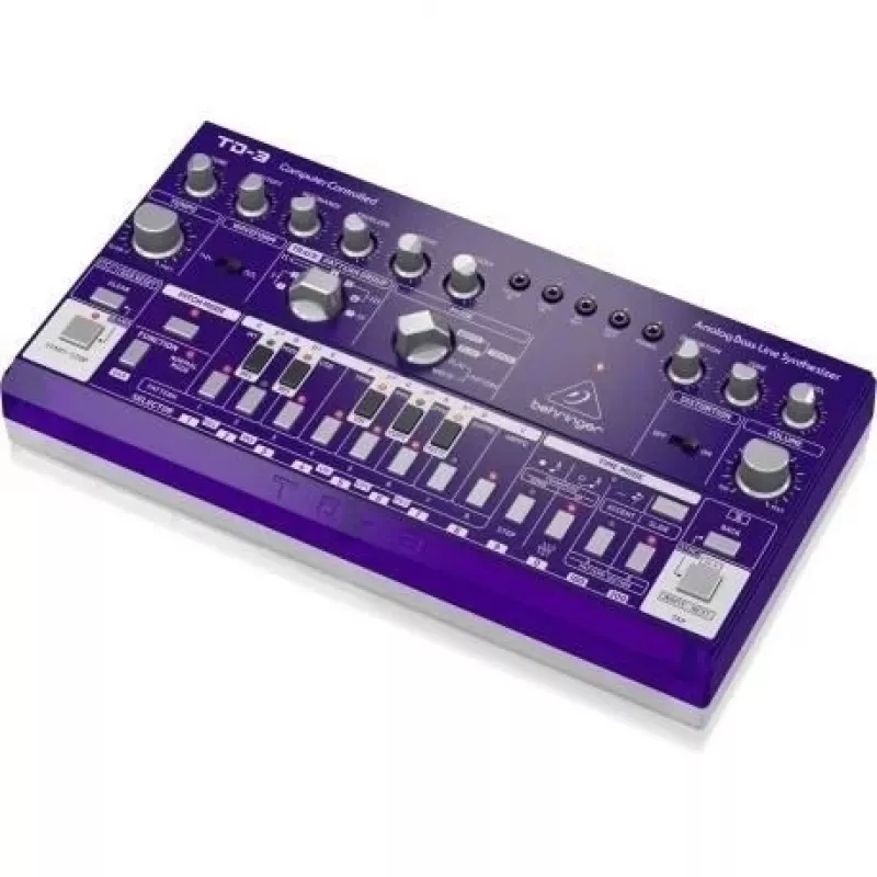 Sintetizador de bajo Behringer TD-3-GP morado — línea de bajo analógica con secuenciador integrado