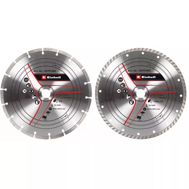 Set de discos de corte diamantados para amoladora angular EINHELL 230×22,23×1,8 mm, corona turbo, 2 uds.