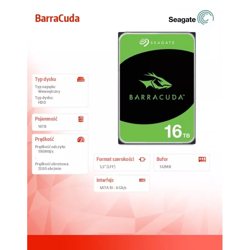 Disco duro interno Seagate Barracuda 16TB 7200 RPM 512 MB 3.5