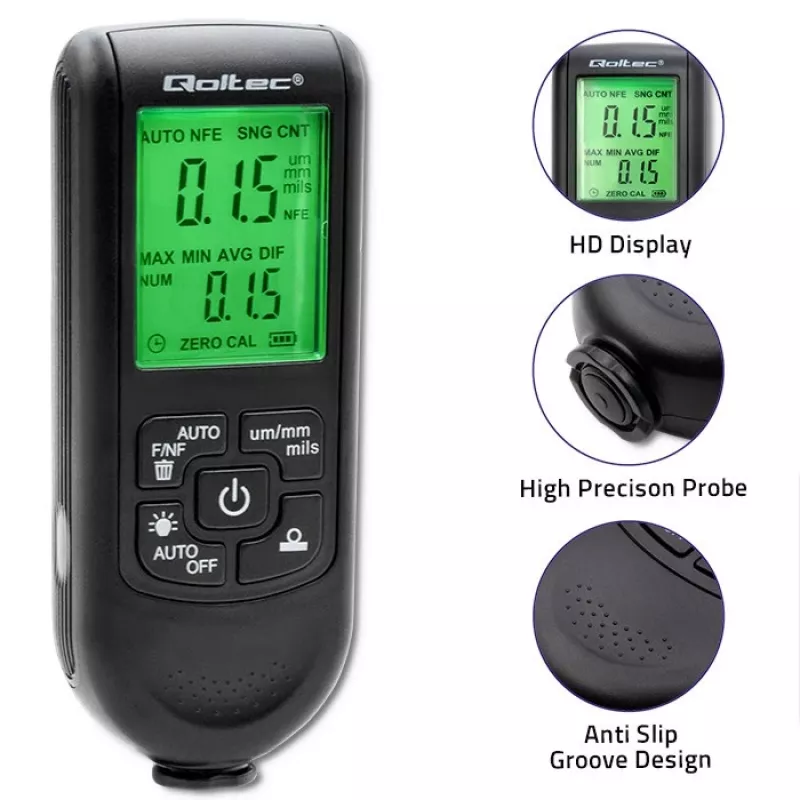 Medidor de espesor de pintura Qoltec con pantalla LCD | 0~2000 µm