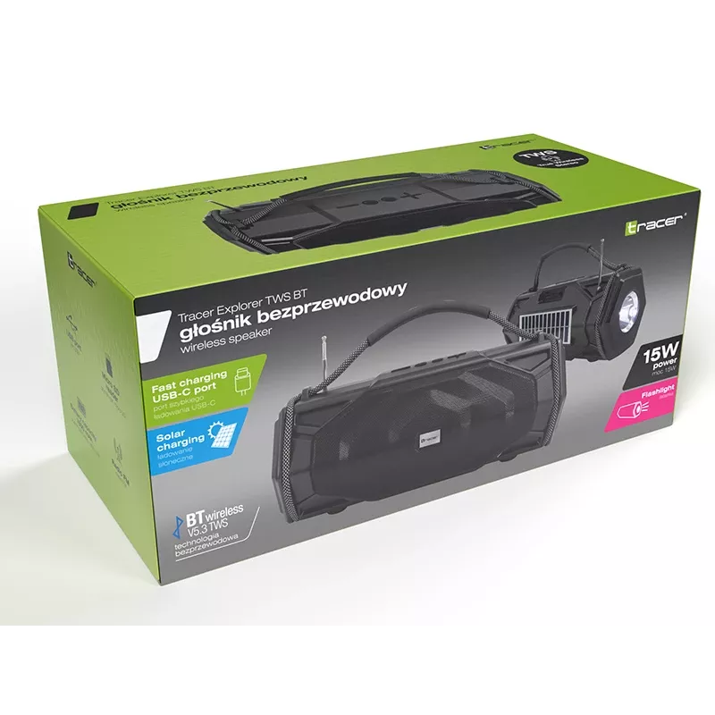 Tracer Explorer TRAGLO47616 altavoz Bluetooth portátil, TWS, Bluetooth 5.3, 15 W RMS, radio FM, linterna, panel solar, powerbank de 1800 mAh, microSD, negro