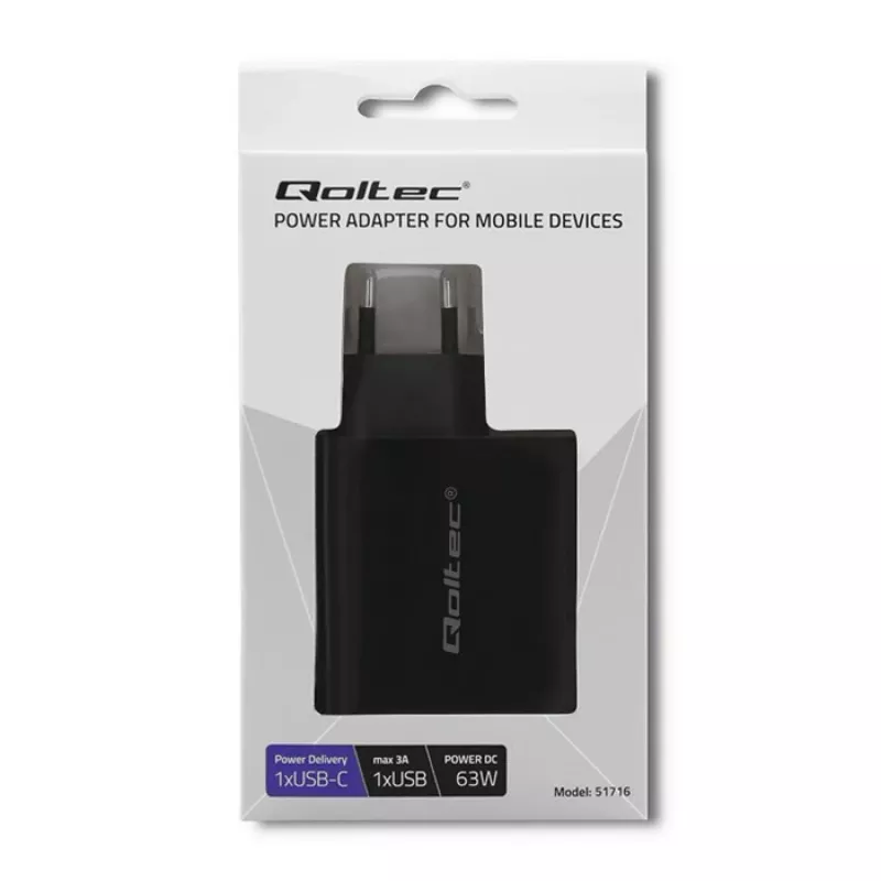 Qoltec 51716 cargador de pared 63 W, USB-C PD + USB QC 3.0, 5-20 V 1,5-3 A, negro