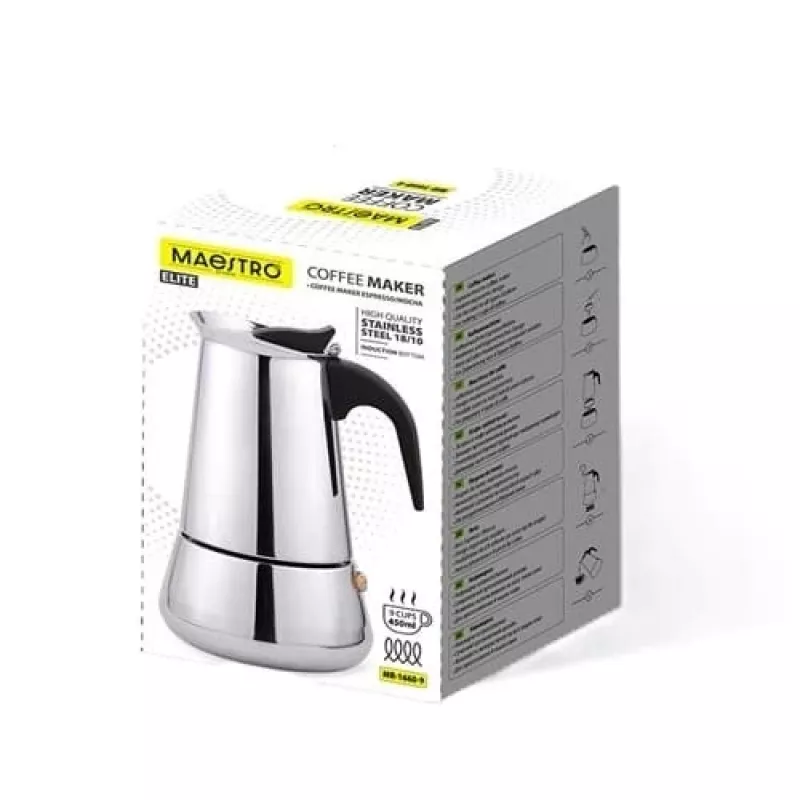 Cafetera moka Maestro MR-1660-9, cafetera de fogón para 6 tazas, negra