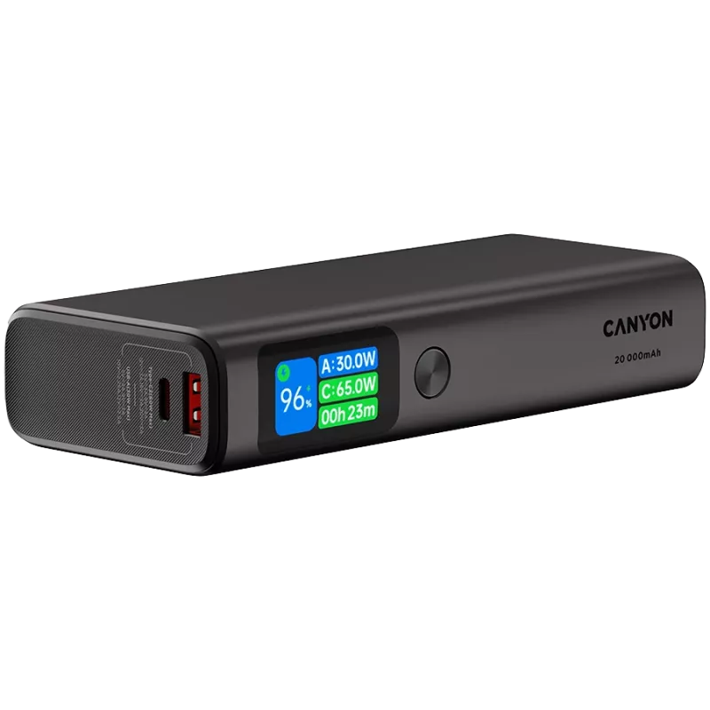 Canyon OnPower 230 TFT batería externa, 20000 mAh, PD 130 W, 2x USB-C + USB-A, carcasa de metal, gris oscuro