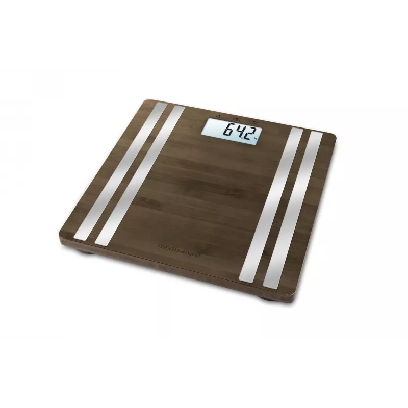 Báscula de baño electrónica Medisana BS 552 — color plata con superficie de bambú, máx. 180 kg, precisión de 100 g, Bluetooth, IMC, composición corporal