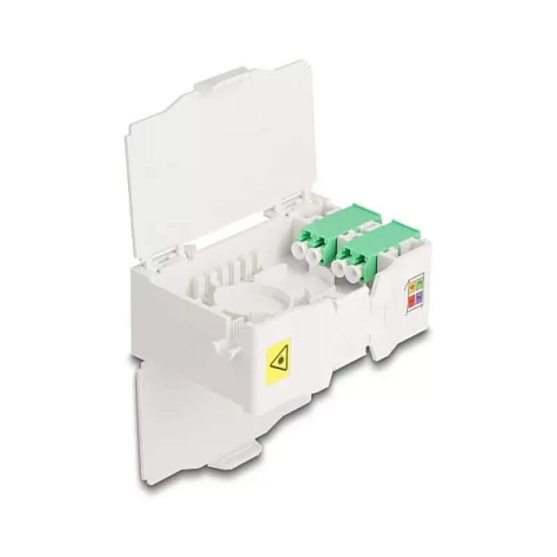 Delock 88098 Caja de conexión de fibra óptica para carril DIN con soporte de empalmes, 4x LC Duplex
