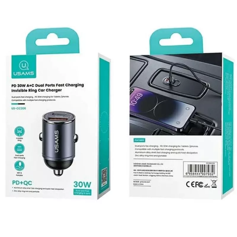 Cargador de Coche usams C38 30W — 1x USB-A + 1x USB-C Carga Rápida