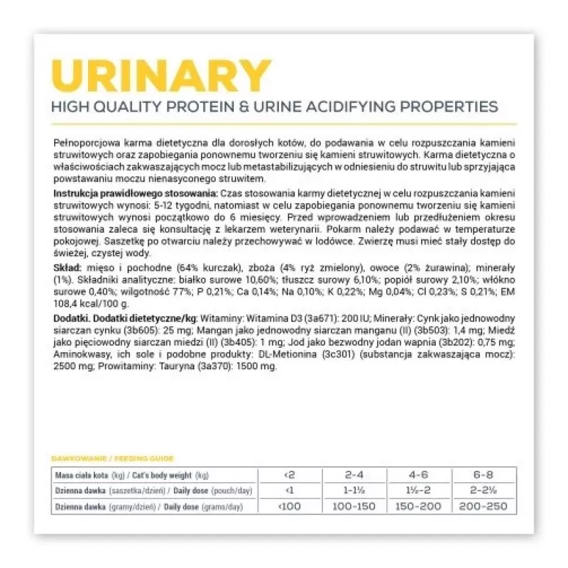 Dieta veterinaria húmeda para gatos VETEXPERT Urinary, aves, bolsa 100 g, adulto, sin azúcar ni conservantes