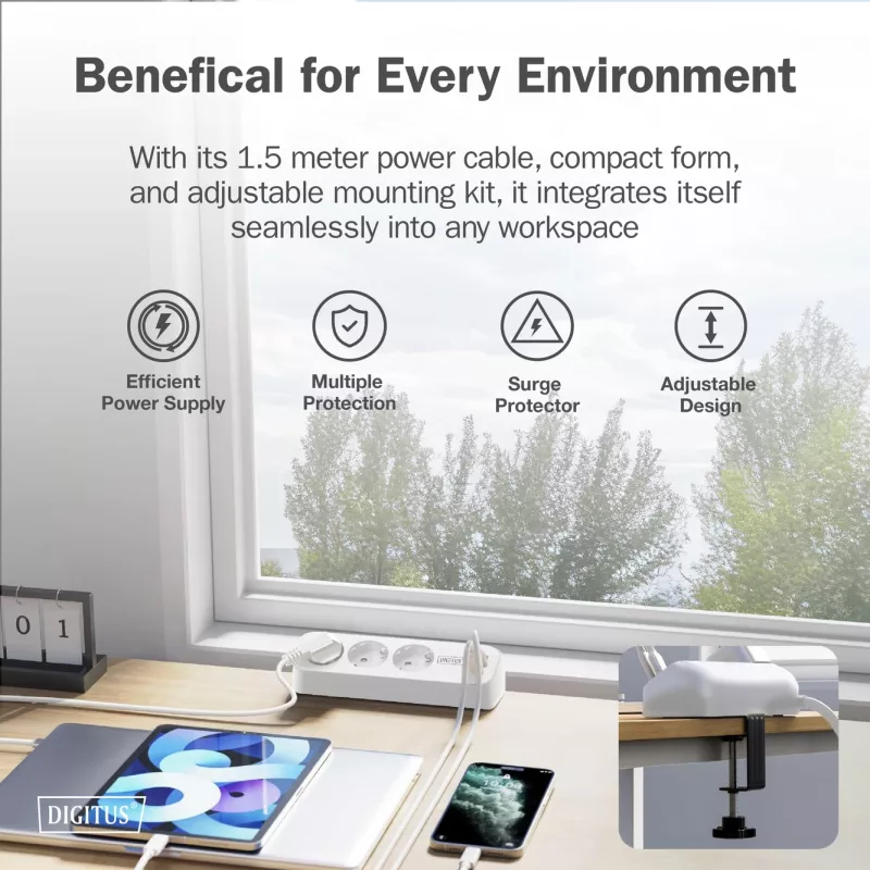 Regleta de enchufes DIGITUS 3 tomas con 2×USB-A y 1×USB-C, 3 tomas de CA tipo E/F, cable de 1,5 m, blanca