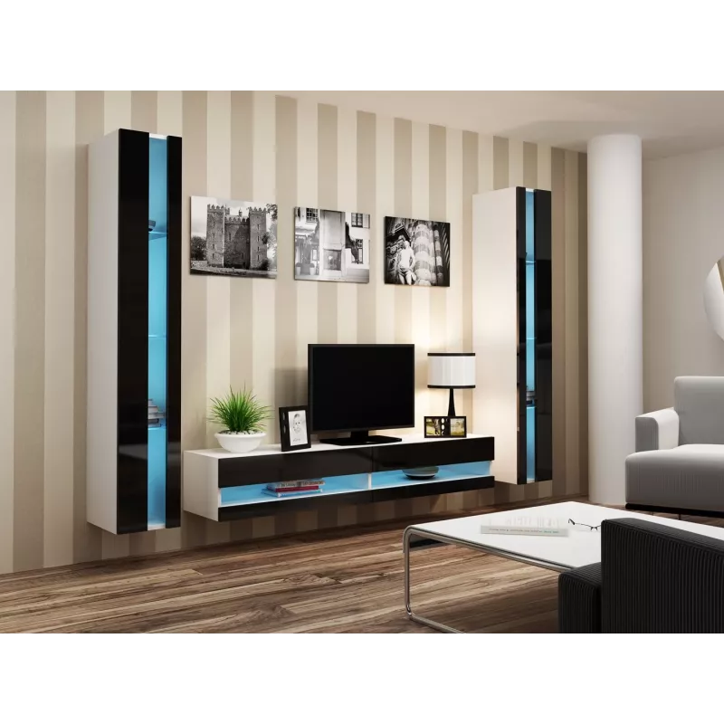 Soporte de TV Cama Meble VIGO NEW 30/180/40, parte superior blanca, marco negro brillante, 1800×400×300 mm