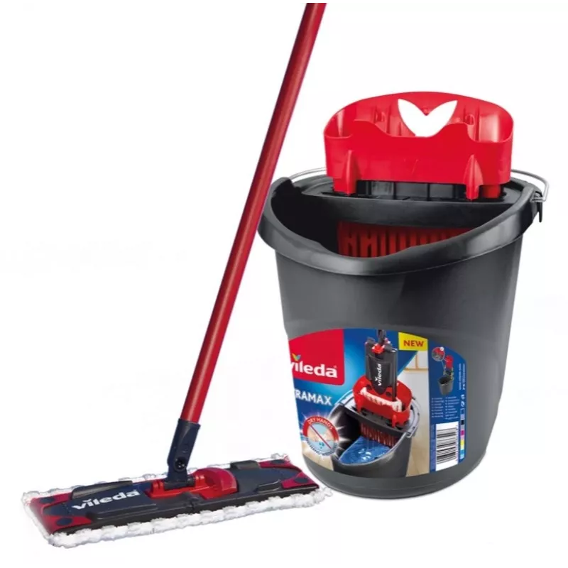 Fregona VILEDA Ultramax BOX 177453 con cabezal de microfibra recargable, cubo escurridor, 3 paños lavables, negro