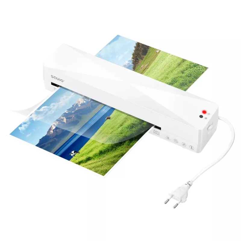 Plastificadora en frío/calor SAVIO LR-01/W — ancho máx. 230 mm, 320 mm/min, 300 W, blanca