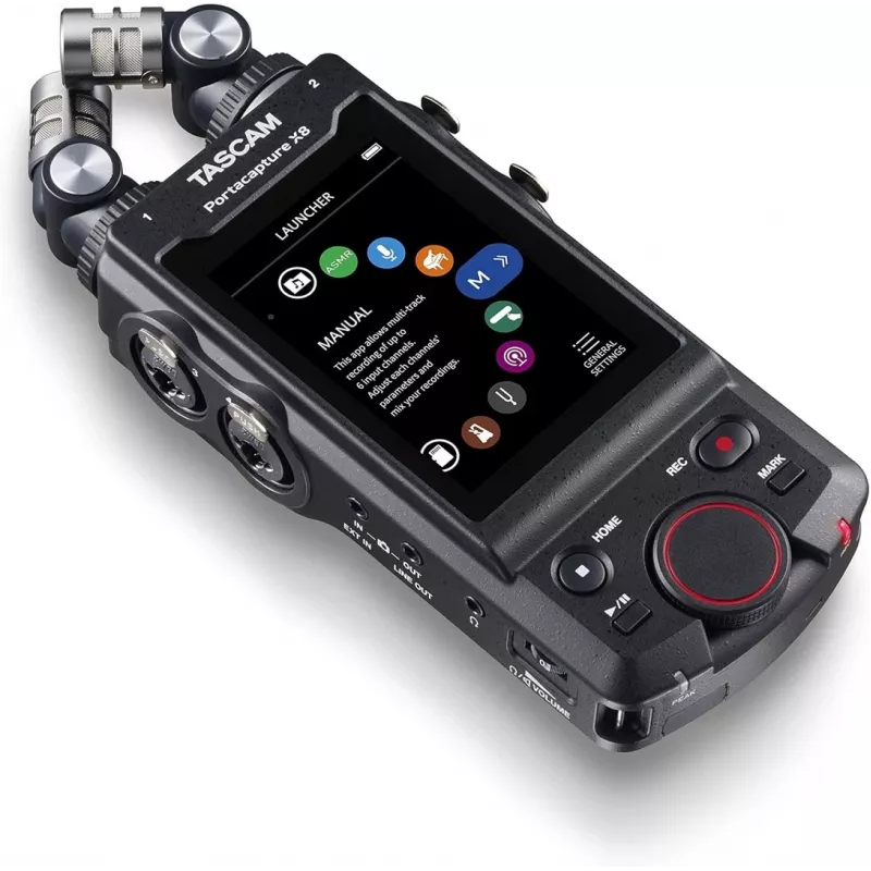 Grabadora de audio multipista portátil Tascam Portacapture X8 — 6 canales, 24/32 bits, hasta 96 kHz, 4 entradas combo XLR/TRS, tarjeta SD, USB-C, batería o fuente de alimentación