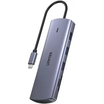 Adaptador multipuerto USB-C Unitek D1113A — HDMI, VGA, lector de tarjetas, PD 100W