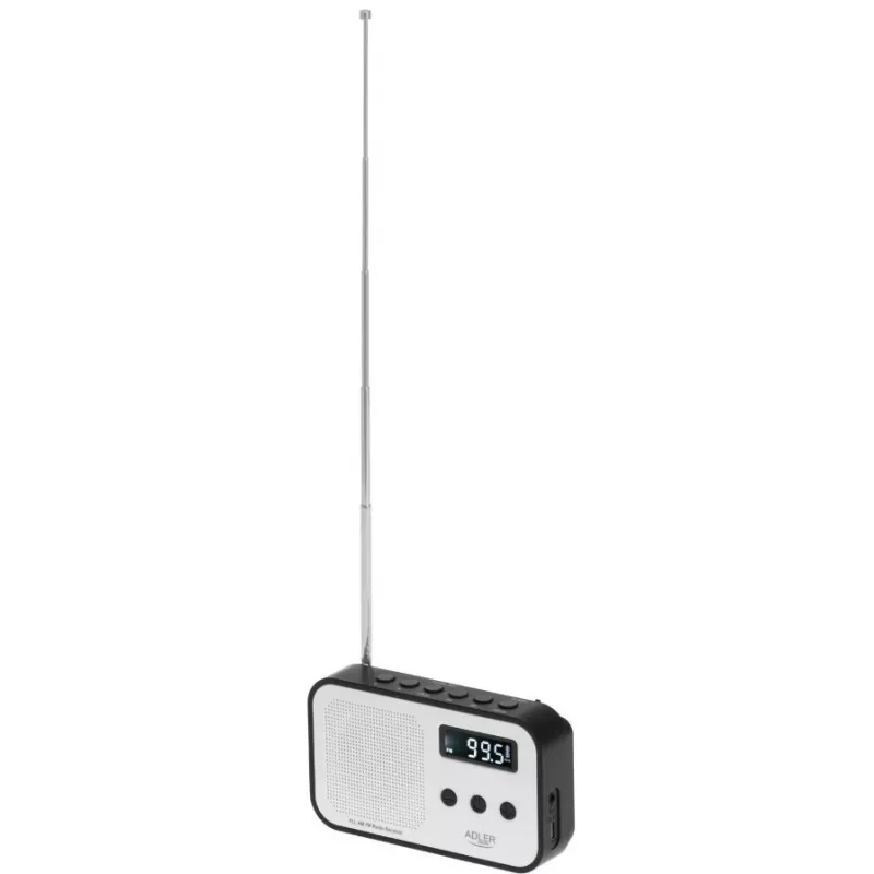 Adler AD 1907 radio digital PLL, AM/FM, 40 presintonías, alarma con repetición, USB-C, batería recargable integrada, conector de 3,5 mm, blanco/negro