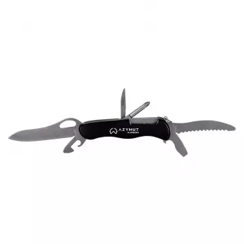 Navaja AZYMUT HK20018 — multiusos de tamaño completo, 9 funciones, acero inoxidable 420J2/3CR13, cerrada 11 cm, 146 g, funda de cuero, llavero