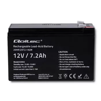 Batería Qoltec 53062 AGM | 12V | 7,2 Ah | máx. 108A