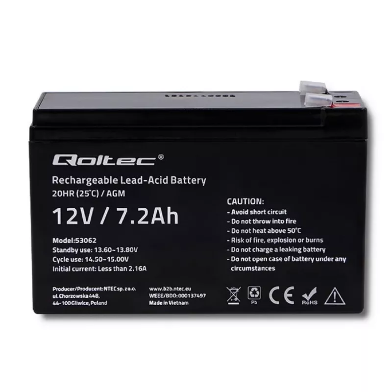 Batería Qoltec 53062 AGM | 12V | 7,2 Ah | máx. 108A