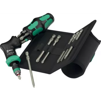 Destornillador de carraca Wera Kraftform Kompakt Pistol RA‑R 2 con 13 puntas, diseño compacto de mango de pistola con carraca