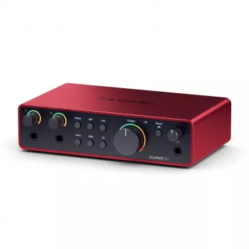 Interfaz de audio Focusrite Scarlett 2i2 4th Gen — 2-In/2-Out USB-C, 24 bits/192 kHz, preamplificador 69 dB, sobremesa, Negro/Rojo