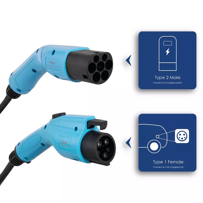 Akyga AK-EC-08 Cable de carga EV Type 2 a Type 1, monofásico, 32 A, 7,2 kW, 6 m
