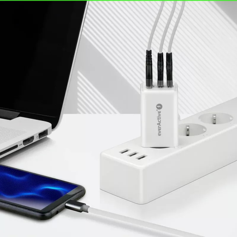 Cargador everActive SQ-655Q 65W, 1×USB-A + 2×USB-C carga rápida