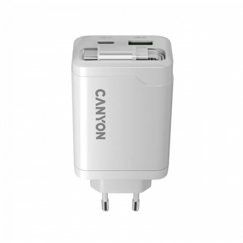 Cargador CANYON OnCharge 65RC con cable USB-C integrado 65W, 1x PD, 1x QC, enchufe EU, blanco