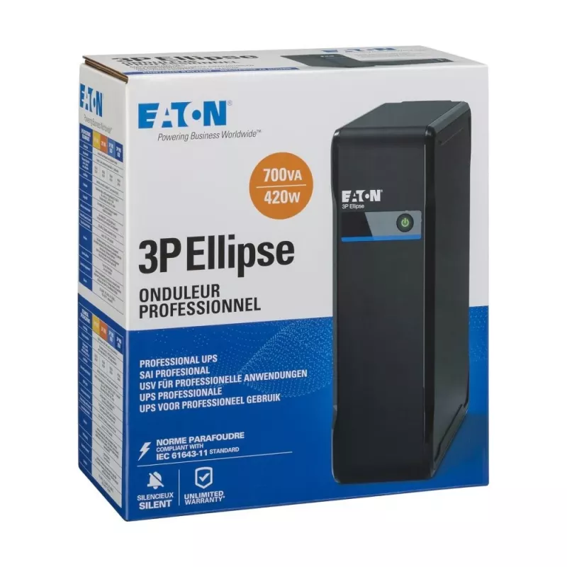 Sistema de alimentación ininterrumpida Eaton 3P Ellipse 0,7 kVA (420 W), Standby, 4 salidas AC, batería 7 Ah, torre, negro