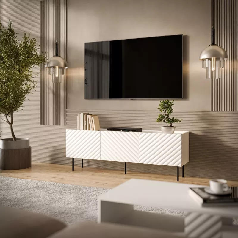 Mueble TV Cama LUCCA 3D 165×40×59 cm, blanco, parte superior de aglomerado