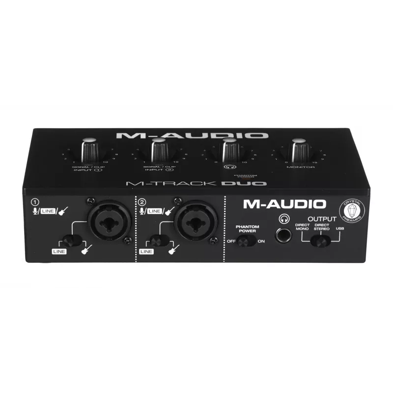 Interfaz de audio M-Audio M-Track Duo — USB 2-in/2-out, 16-bit/48 kHz, 1x XLR/TS combo, 1x entrada de instrumento, alimentación fantasma 48V