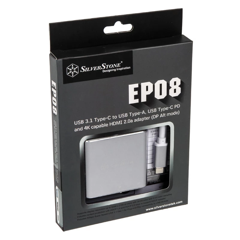SilverStone SST-EP08C - Adaptador USB 3.1 Type-C a HDMI/USB Type C/USB Type A - Plata