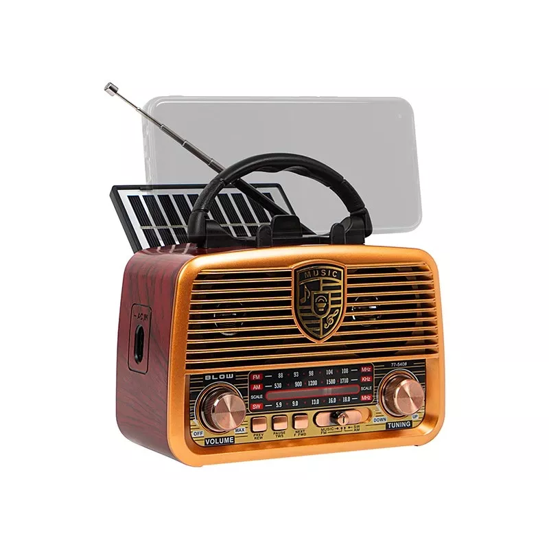 Radio analógica BLOW RA10 AM/FM solar 77-540 — receptor AM/FM con panel solar y batería de respaldo