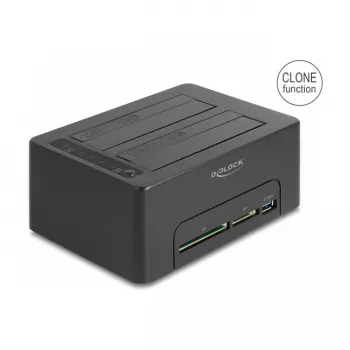 Estación de acoplamiento USB doble DeLOCK para 2 x SATA HDD SSD con función de clonación y lector de tarjetas