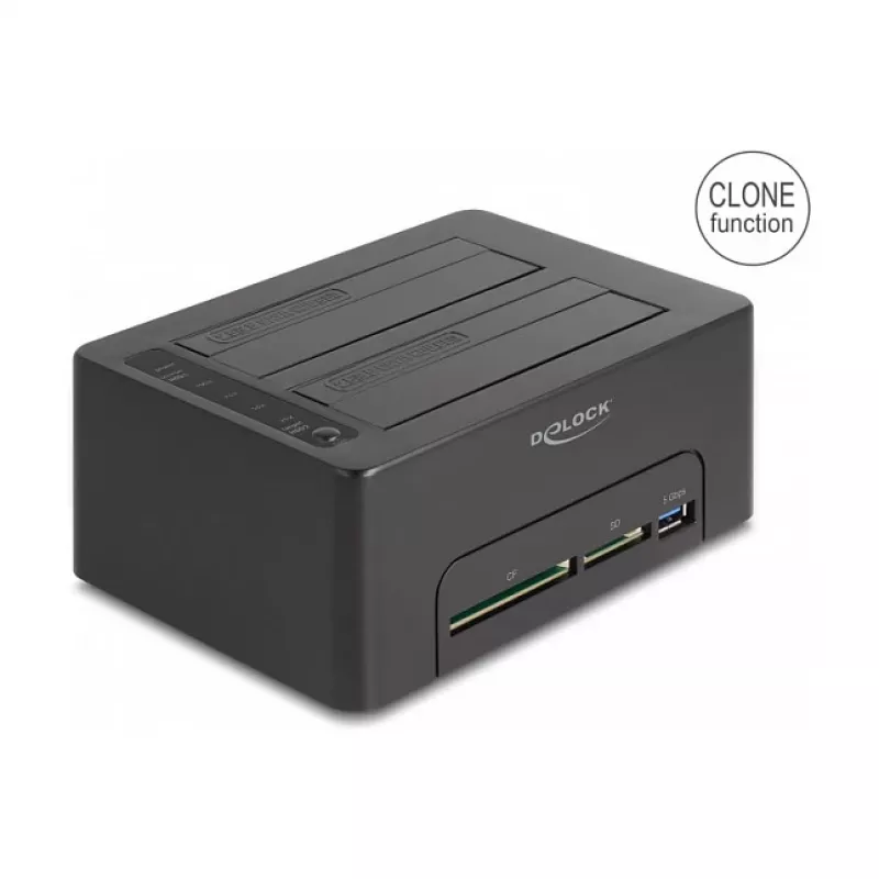 Estación de acoplamiento USB doble DeLOCK para 2 x SATA HDD SSD con función de clonación y lector de tarjetas