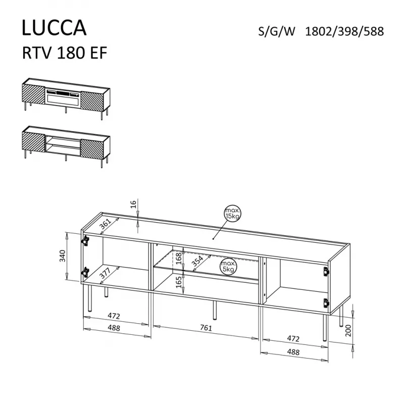 Mueble TV cama meble LUCCA 180x40x59 cm, parte superior de aglomerado negra, marco negro