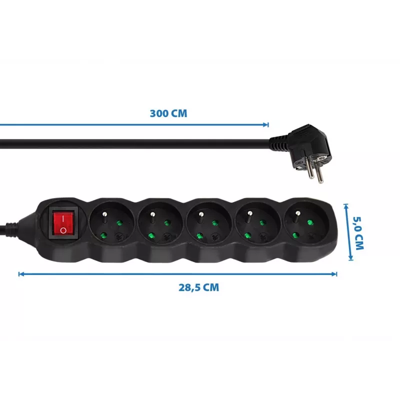 Alargador Esperanza ELK215K – cable de 3 m, 5 tomas con toma de tierra tipo E, para interiores, negro