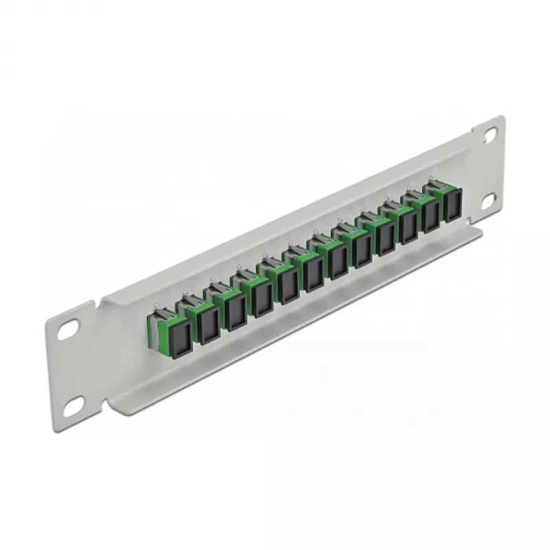 Panel de parcheo de fibra óptica DeLOCK 10 pulgadas 12 puertos SC simplex verde 1HE gris