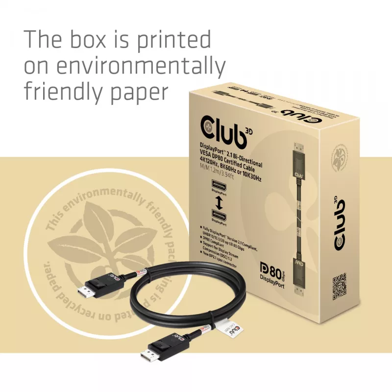 Club 3D CAC-1091 cable DisplayPort 2.1, certificado VESA DP80, bidireccional, 4K120Hz / 8K60Hz / 10K30Hz, macho/macho, 1,2 m