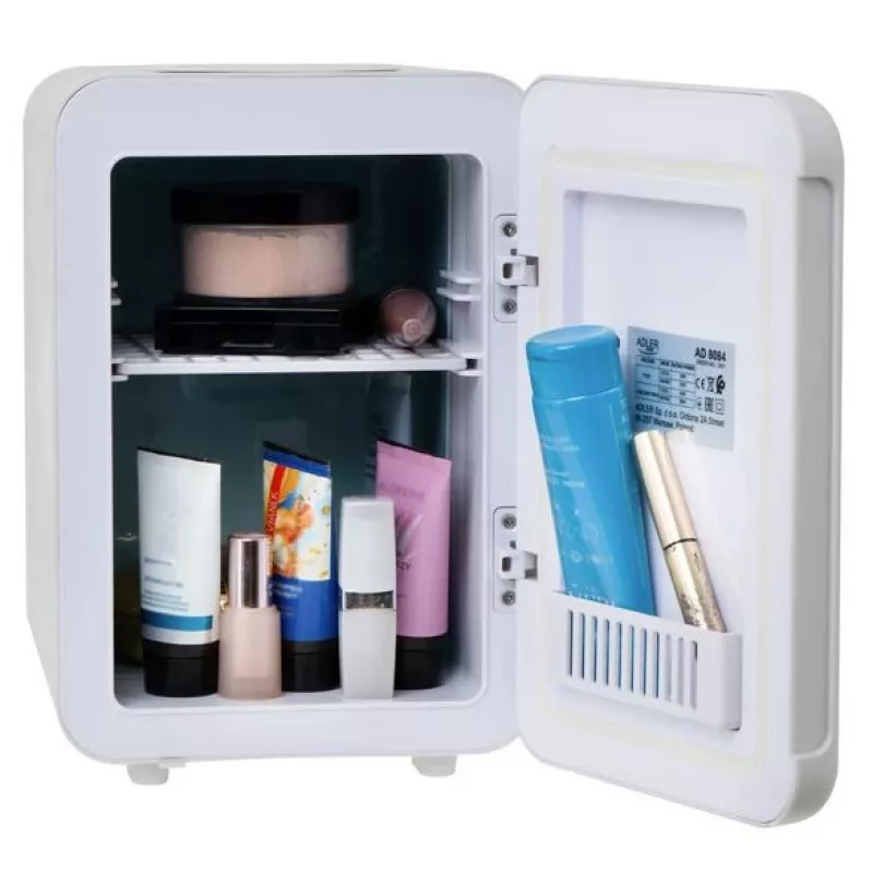 Mininevera Adler AD 8084G — compacta gris 12V/230V, capacidad 4 L, portátil, puerta con bisagra a la derecha