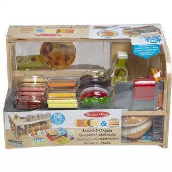 Melissa & Doug mostrador de sándwiches de madera con cortadora de fiambres – set de alimentos de juguete de 56 piezas – certificado FSC