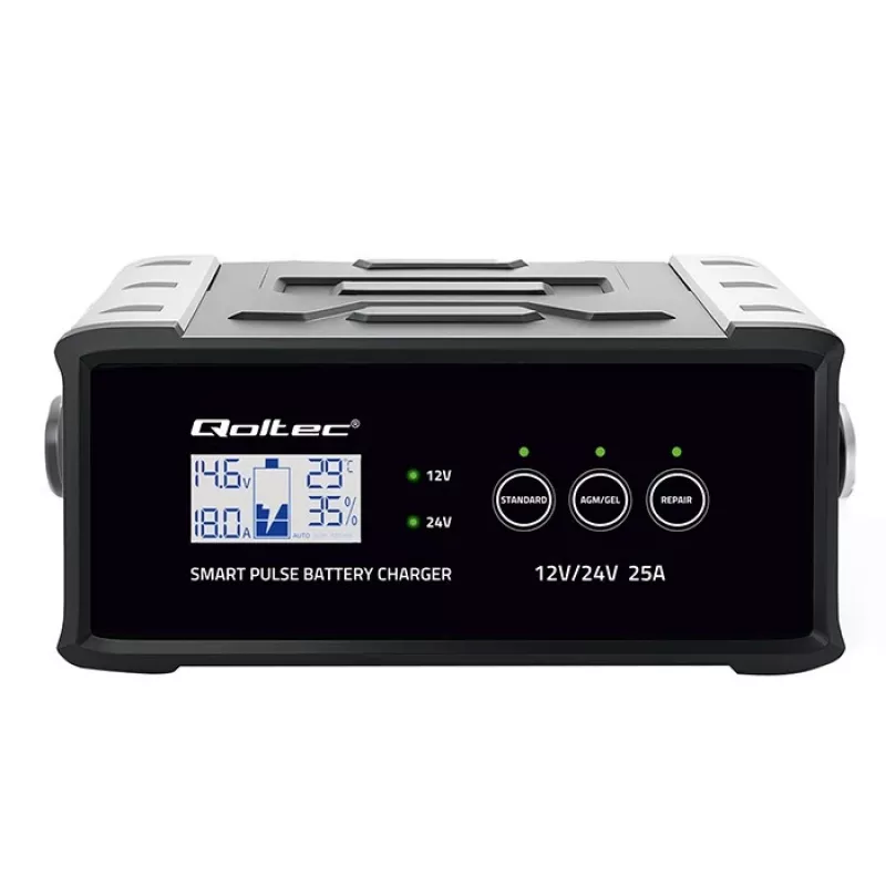 Cargador de baterías QOLTEC 52514 — 12V/24V, 25A, para baterías AGM/GEL/SLA con pantalla LCD