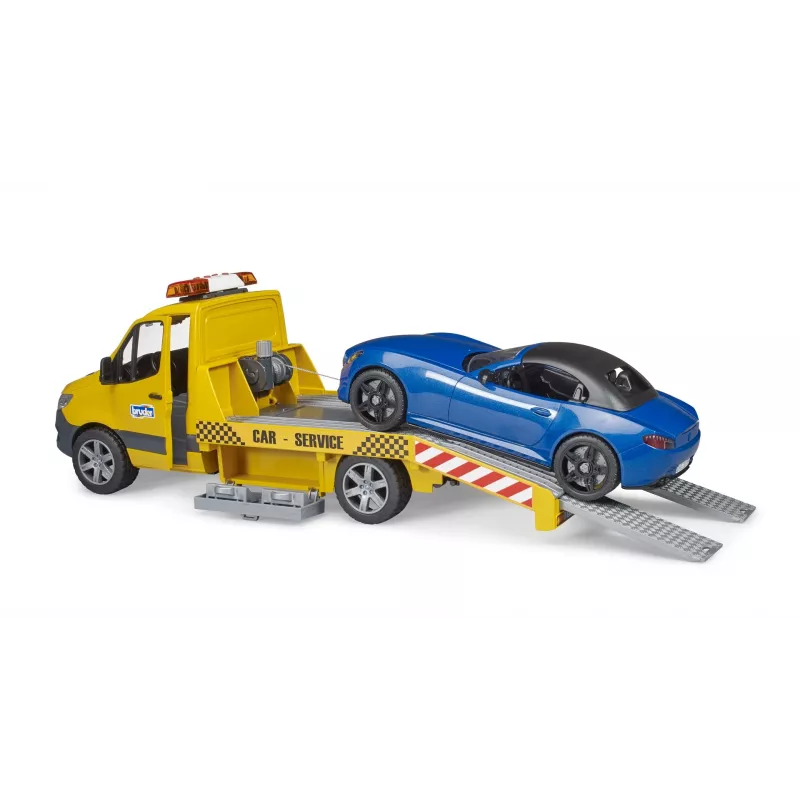 Bruder MB Sprinter transportador de coches con módulo de luz y sonido, naranja/azul, incl. roadster