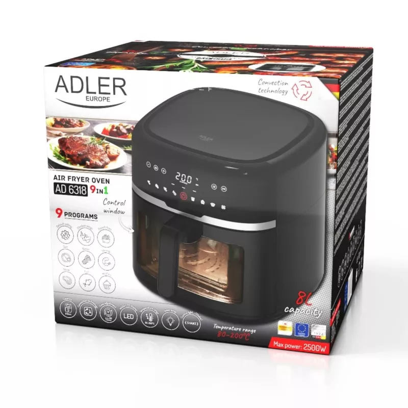 Adler AD 6318 freidora de aire, 8 l, 2500 W, pantalla LCD, 9 programas, negra