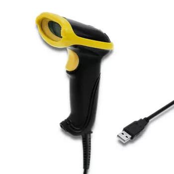 Lector de códigos de barras de mano QOLTEC 50867 — escáner láser 1D/2D, USB con cable, alcance 600 mm, amarillo/negro