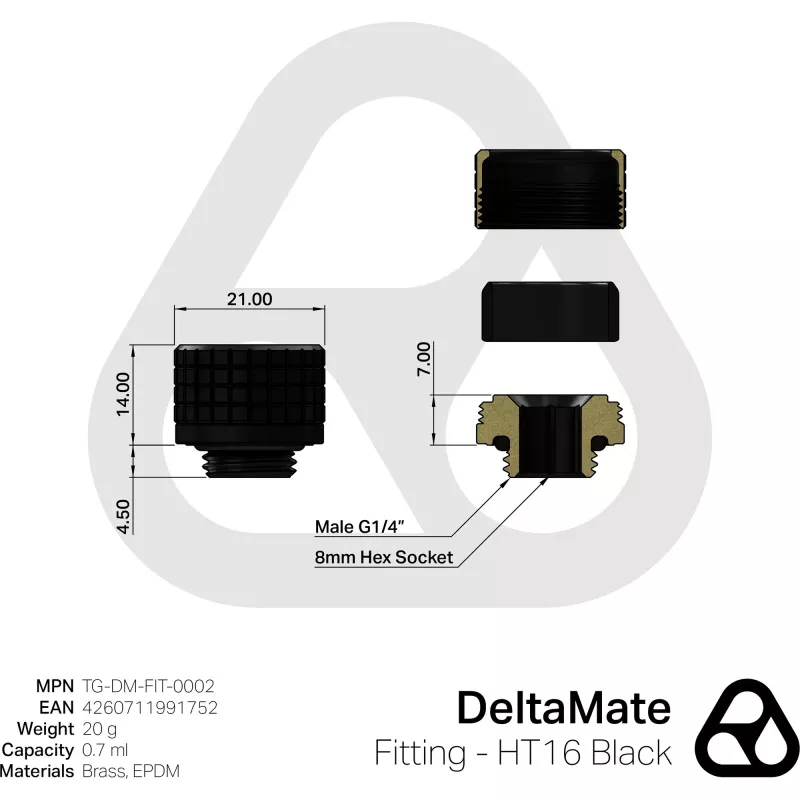 Thermal Grizzly DeltaMate HT16 Conector de refrigeración líquida, Negro