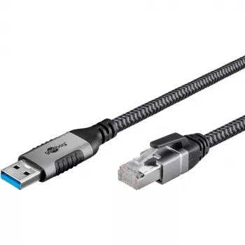 Cable Ethernet USB-A 3.2 Gen1 conector macho > conector macho RJ-45, adaptador LAN negro/plata, 2 metros, funda textil trenzada