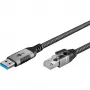 Cable Ethernet USB-A 3.2 Gen1 conector macho > conector macho RJ-45, adaptador LAN negro/plata, 2 metros, funda textil trenzada