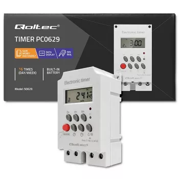 Temporizador electrónico para carril DIN QOLTEC PC0629 — alimentación 24V, salida 16A